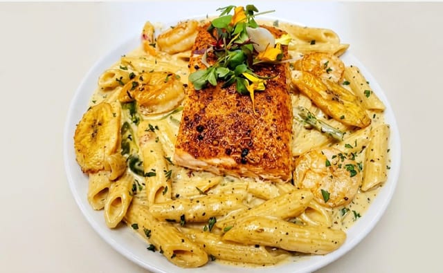 Salmon & Shrimp Rasta Pasta.