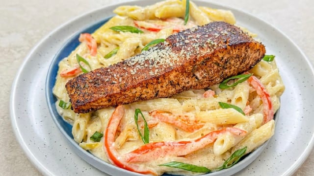Jerk Salmon Rasta Pasta.