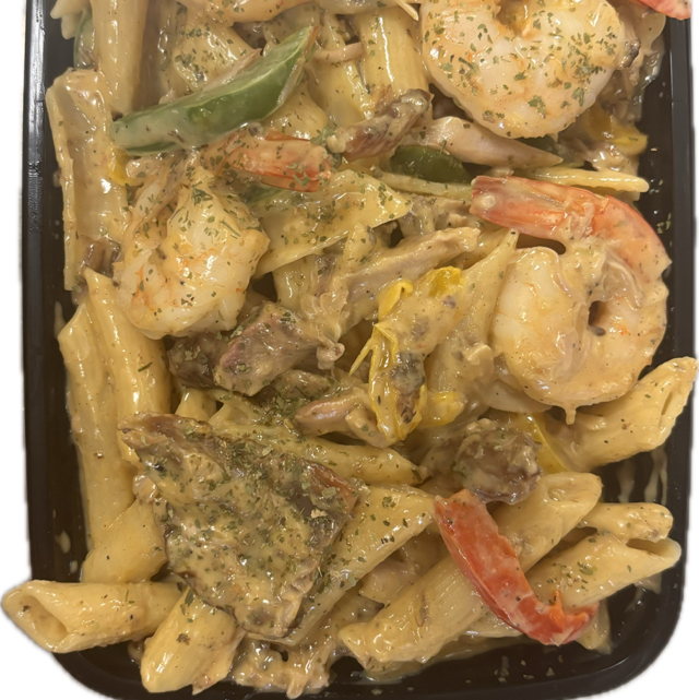 Jerk Chicken & Shrimp Rasta Pasta.