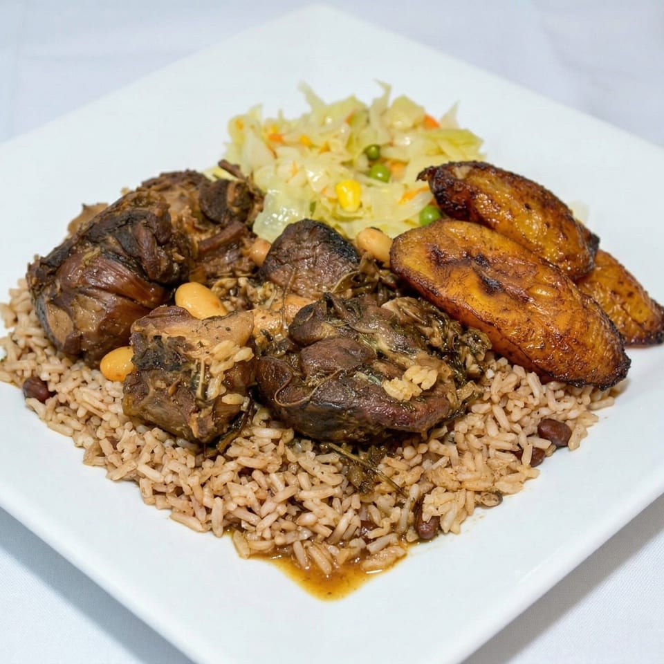 Oxtail stew with rice and peas, fried plantains, and steamed cabbage on a white plate.