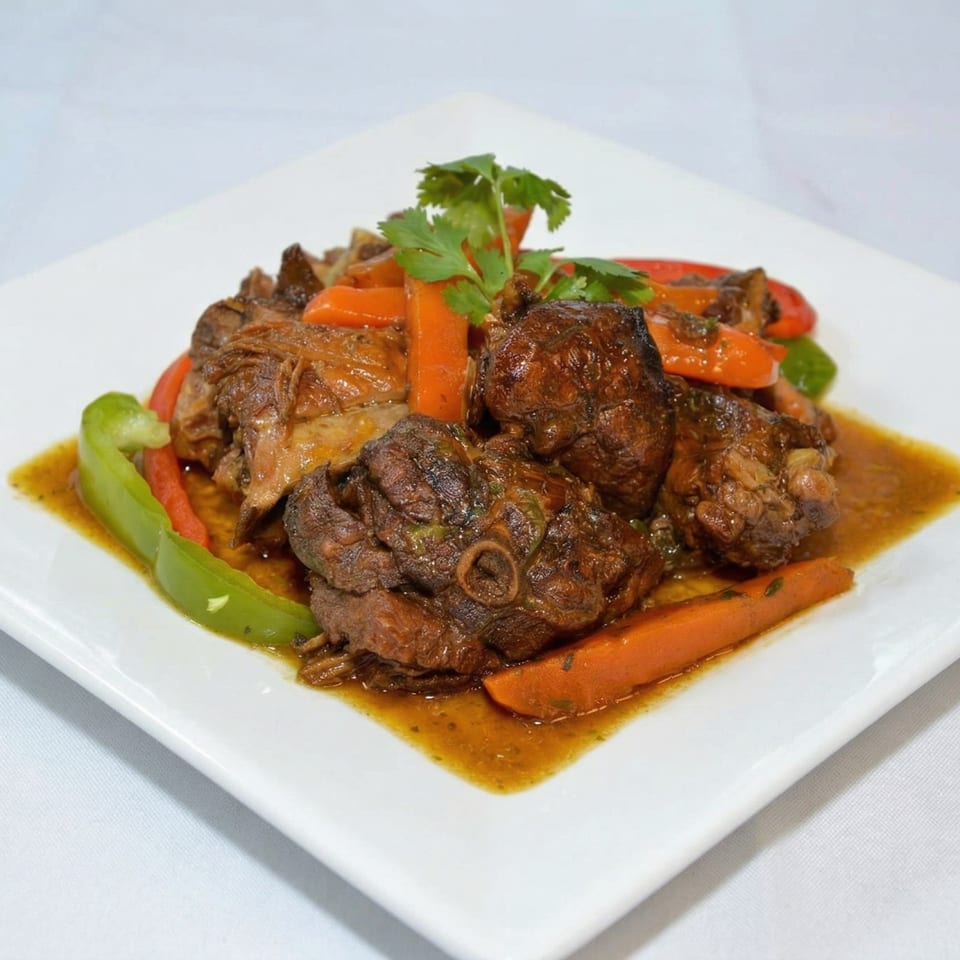 Braised oxtail stew with carrots, bell peppers, and cilantro on a white rectangular plate.